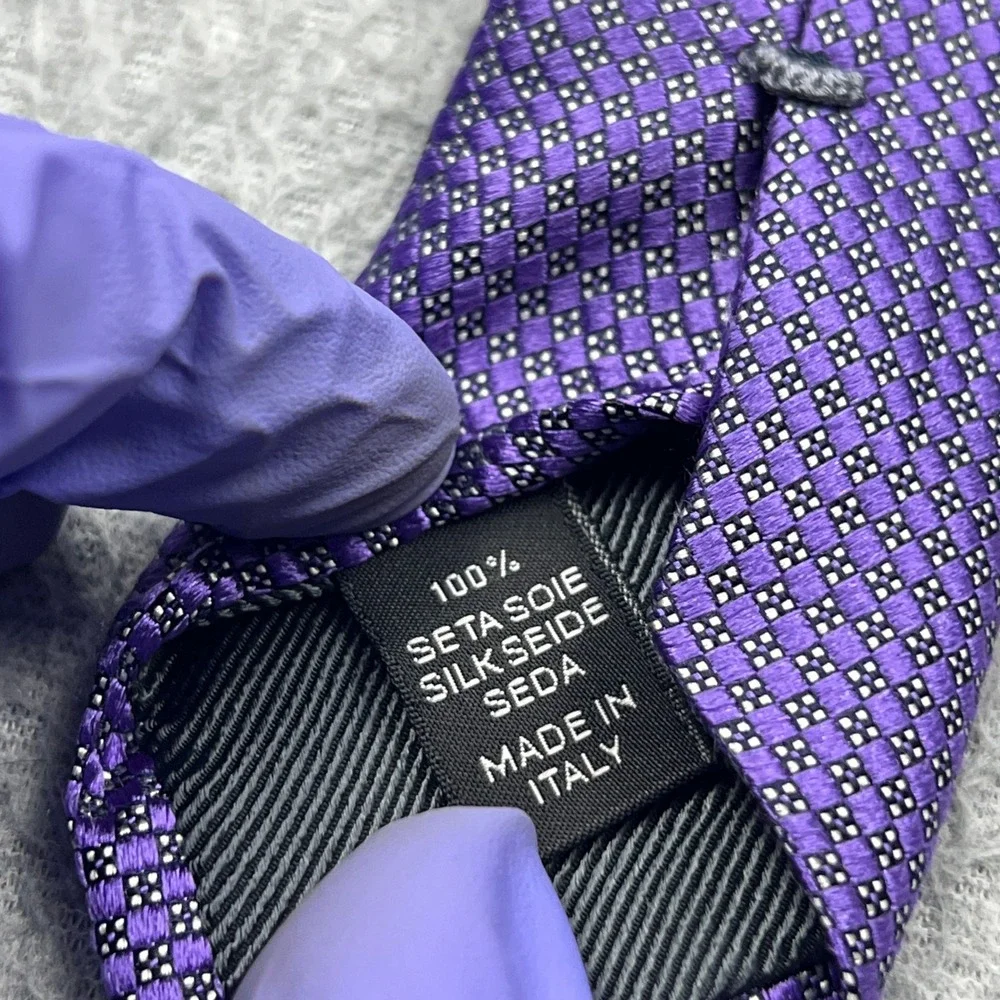 Ermenegildo Zegna Tie Mens Purple Mini Floral Check 100% Silk Italy Made Luxury